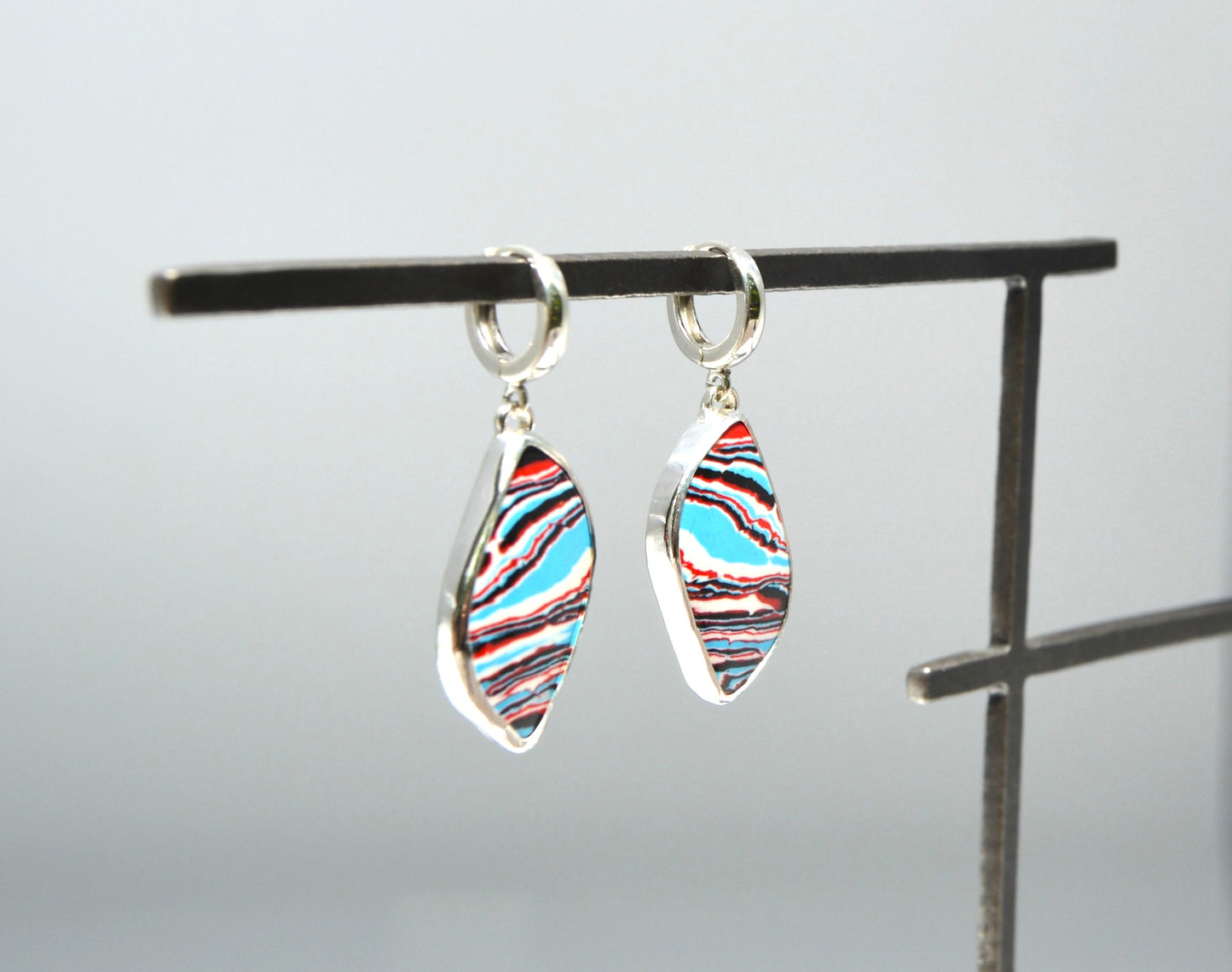 Fordite Red White & Blue Dangle Earrings