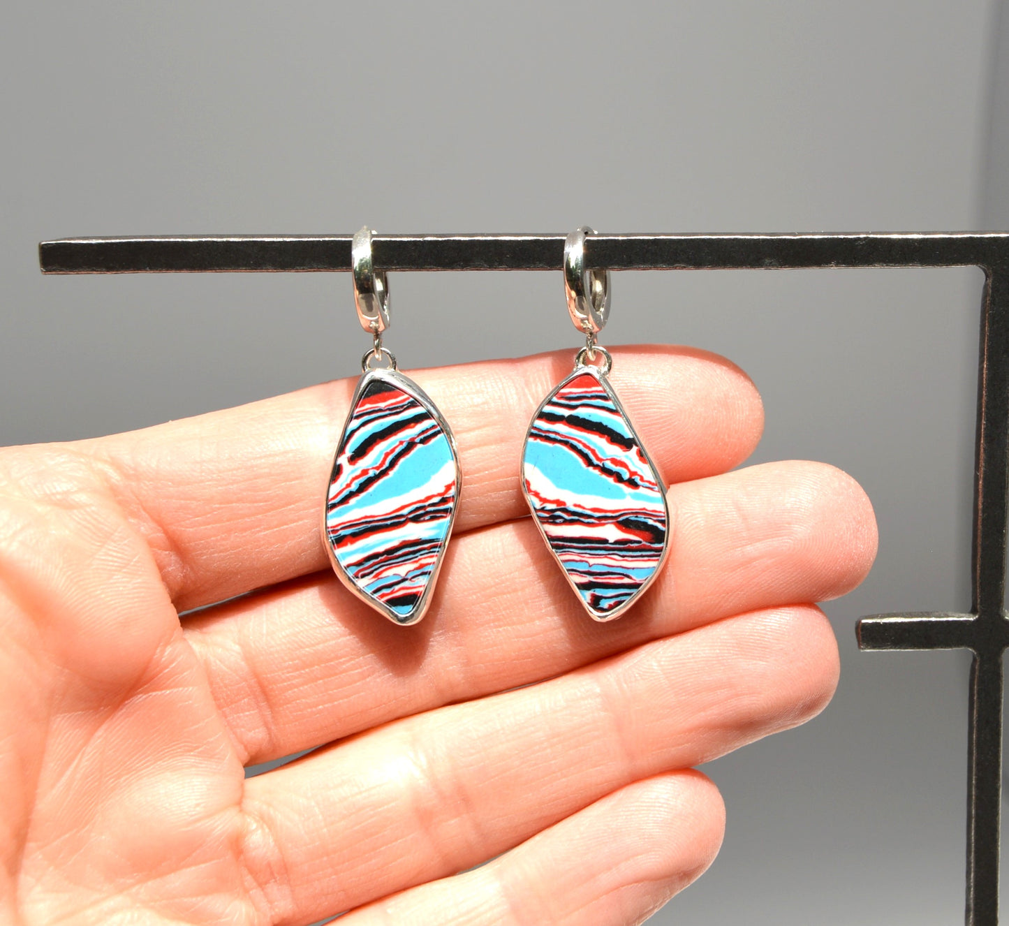 Fordite Red White & Blue Dangle Earrings