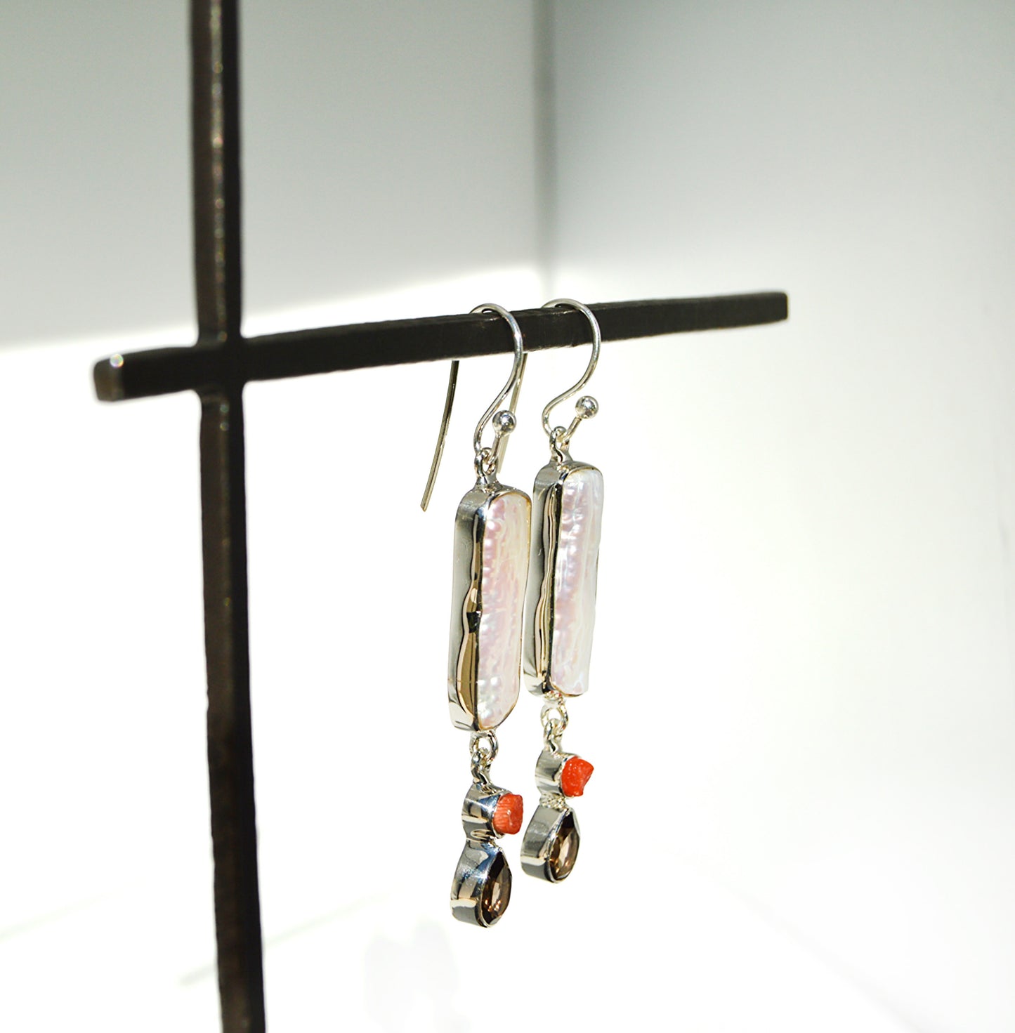 Mother of Pearl & Smoky Quartz Dangle Earrings