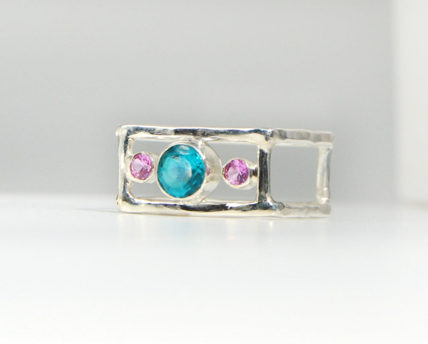 Paraiba and Pink Tourmaline Square Ring Size 8