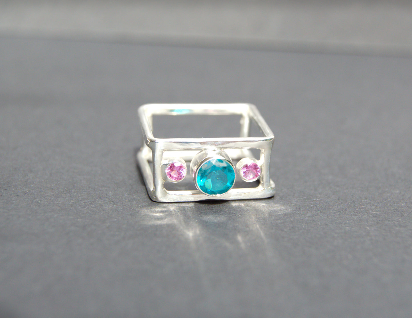 Paraiba and Pink Tourmaline Square Ring Size 8