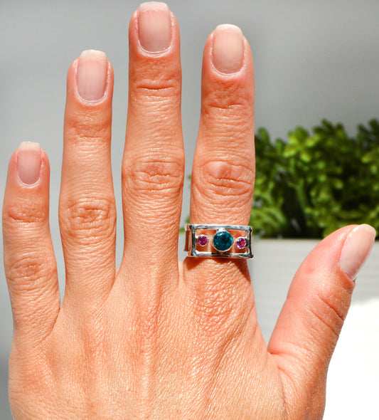 Paraiba and Pink Tourmaline Square Ring Size 8