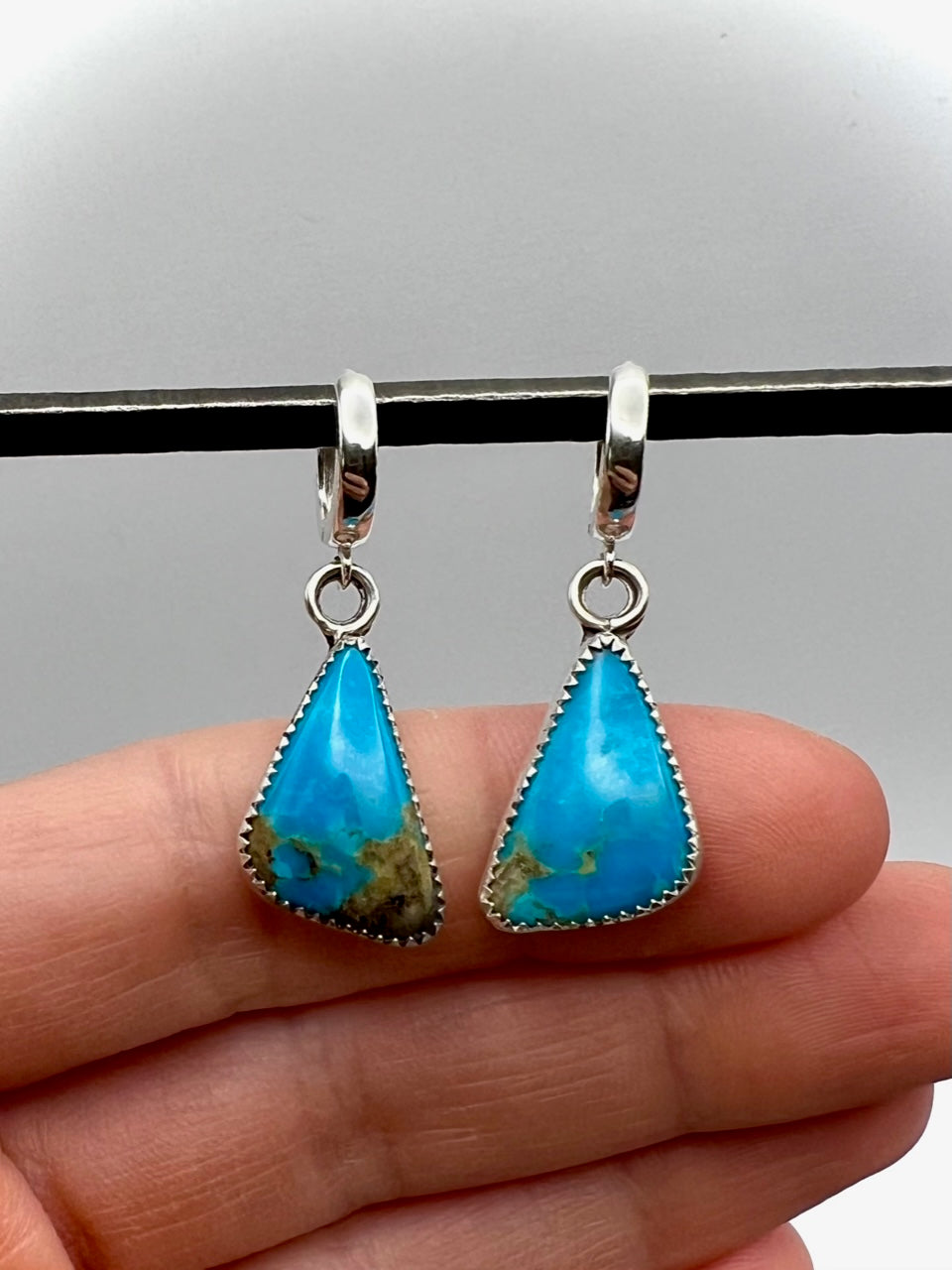 Blue Turquoise Dangle Earrings with Serrated Bezel