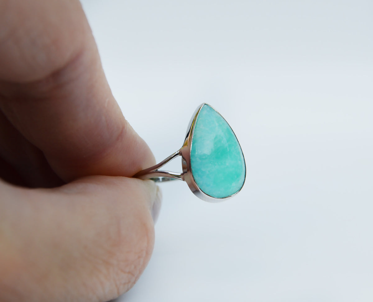 JeniMarie Jewelry with a beautiful seafoam green amazonite ring set in sterling silver and hand polished for a high shine. 