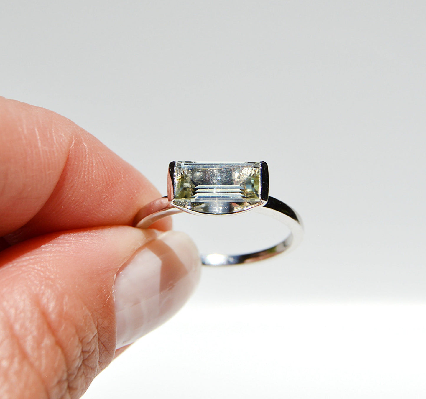JeniMarie Jewelry with a rare and unique green amethyst tension set in sterling silver. 