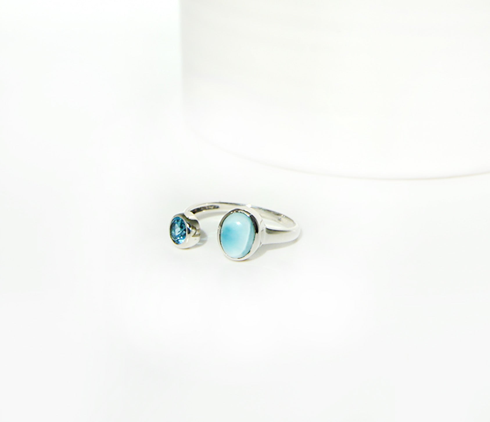 Sterling silver handset stones using blue topaz and a blue larimar stone size 9 ring using .925 sterling silver. 