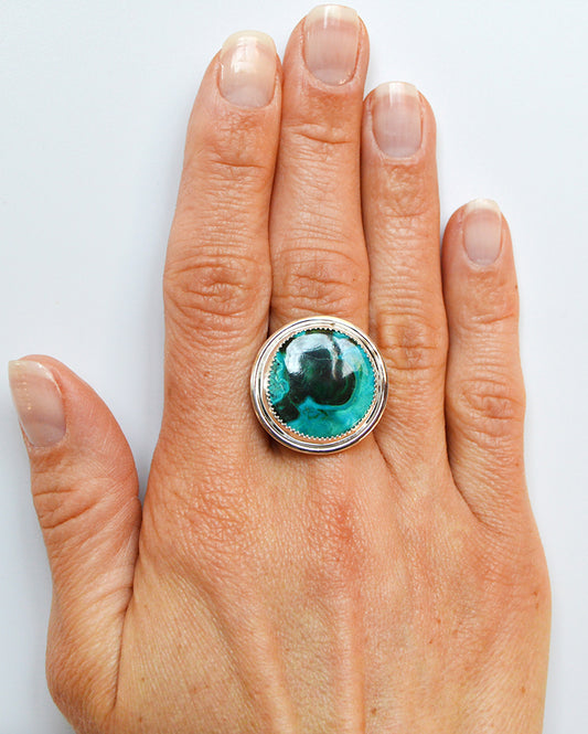 Large rare custom chrysocolla ring set in fine silver with a double textured band. 
