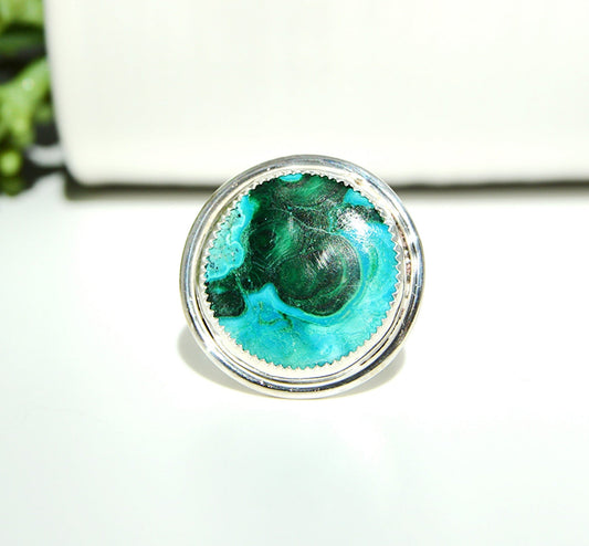 Chrysocolla Round stone ring with a fine silver bezel. Sterling silver double band ring. JeniMarie Jewelry 