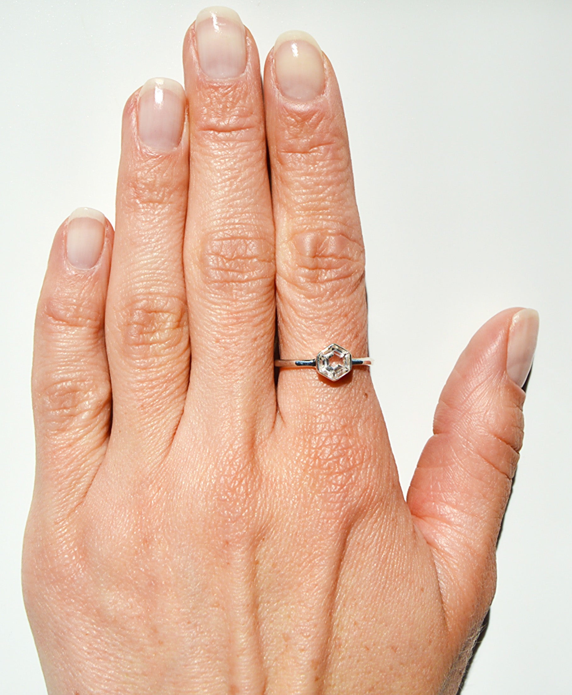 sterling silver ring, clear quartz size 8, hexagon stone 
