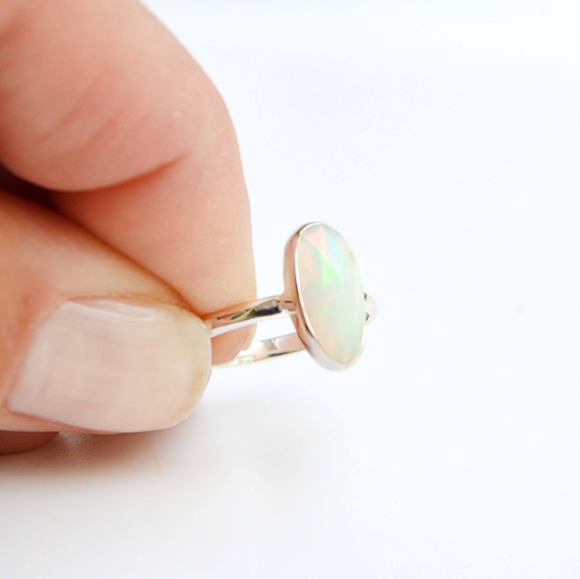 Close up shot of JeniMarie Jewelry ring in .925 sterling silver with a rare large oval Ethiopian oval ring. 