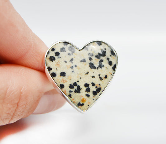 JeniMarie Jewelry with a stunning heart ring made with a dalmatian jasper stone all set in sterling silver for a high polish. 
