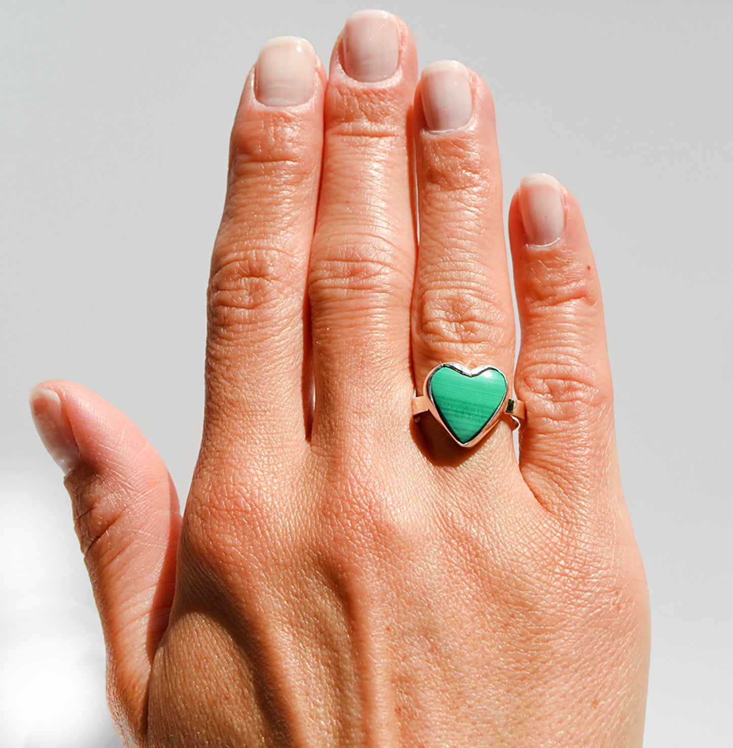 Handmade ring from JeniMarie Jewelry using a Malachite heart ring. 