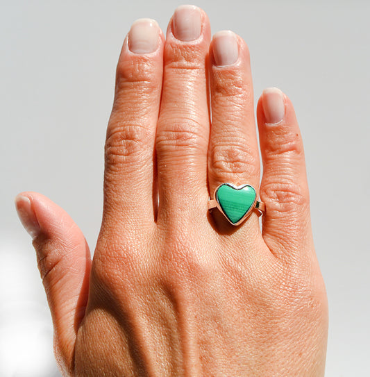 Handmade ring from JeniMarie Jewelry using a Malachite heart ring. 
