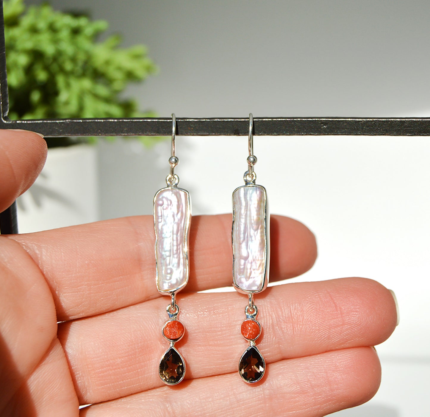 Mother of Pearl & Smoky Quartz Dangle Earrings
