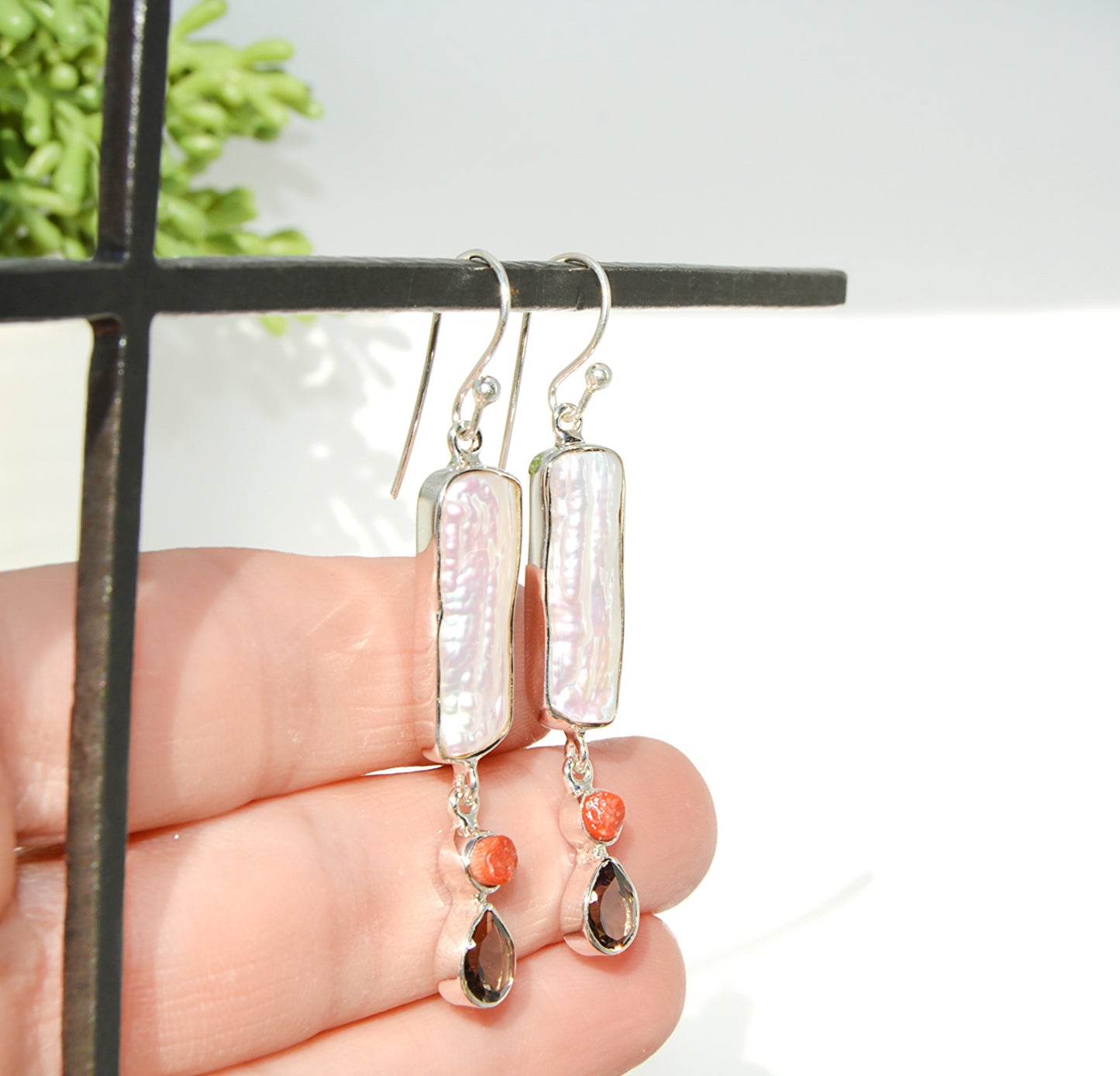 Mother of Pearl & Smoky Quartz Dangle Earrings