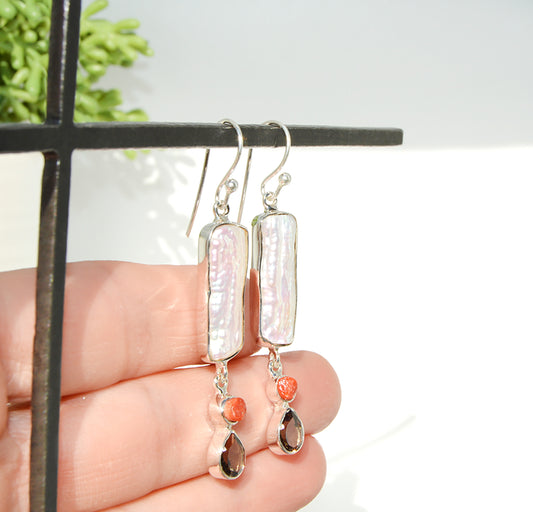 Mother of Pearl & Smoky Quartz Dangle Earrings