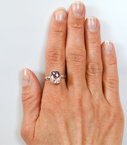 faceted soft pink amethyst ring hand set stone set in .925 sterling silver 