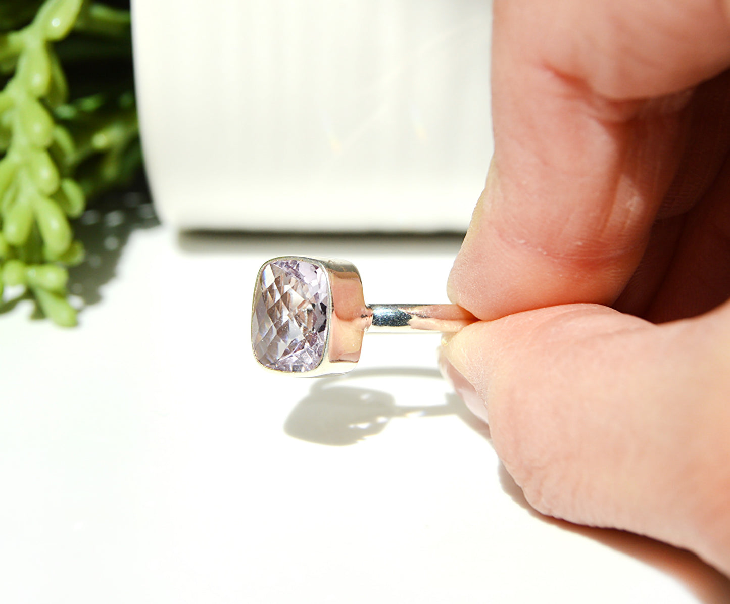 large rare pink amethyst stone using .925 sterling silver handset stones with a high polish finish 