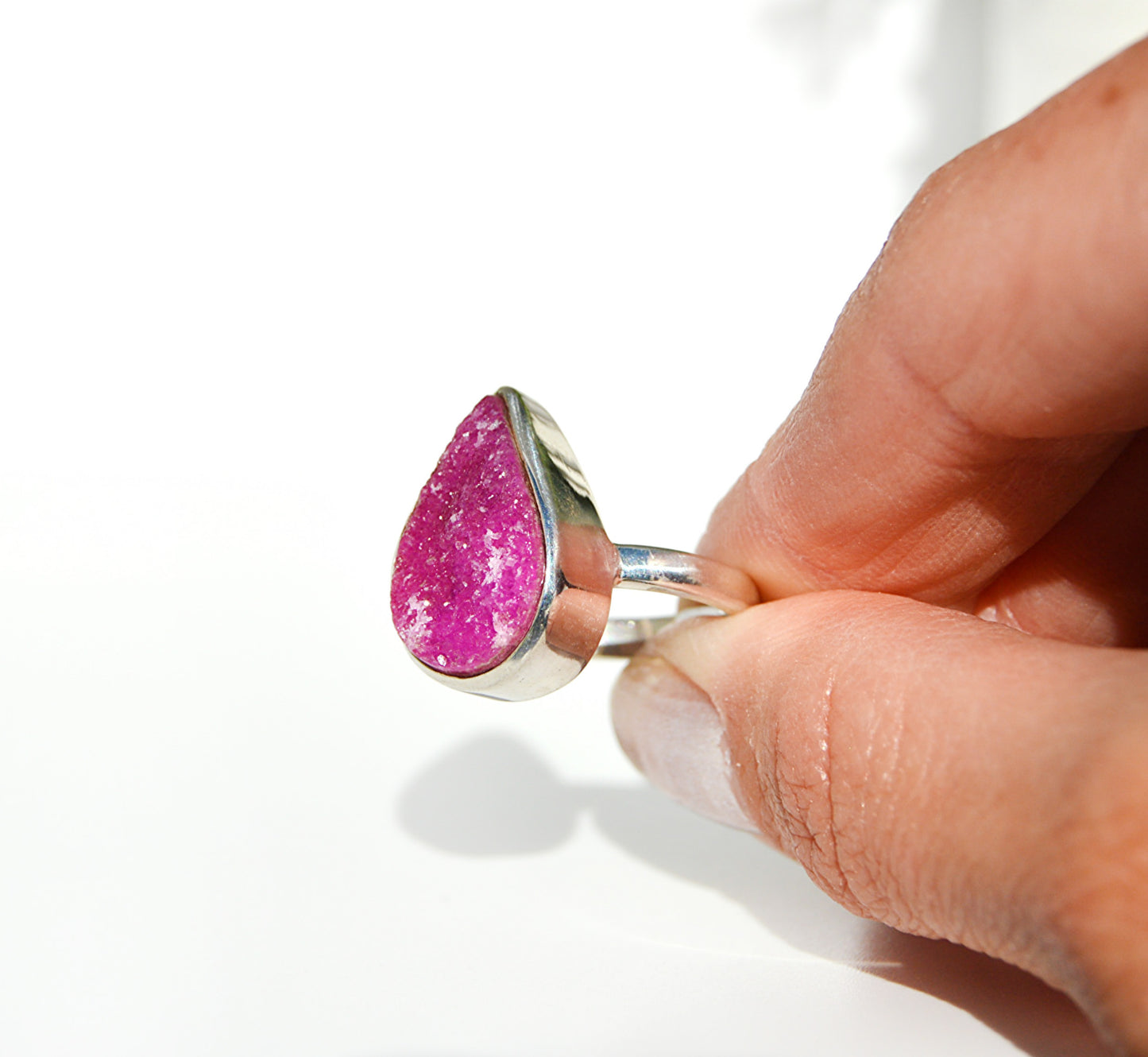 Pink Druzy Pear Ring Size 7.25