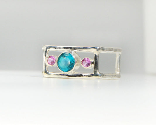 Paraiba and Pink Tourmaline Square Ring Size 8