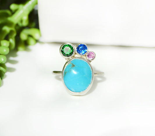 Turquoise Peacock Ring with Accent Stones Size 6