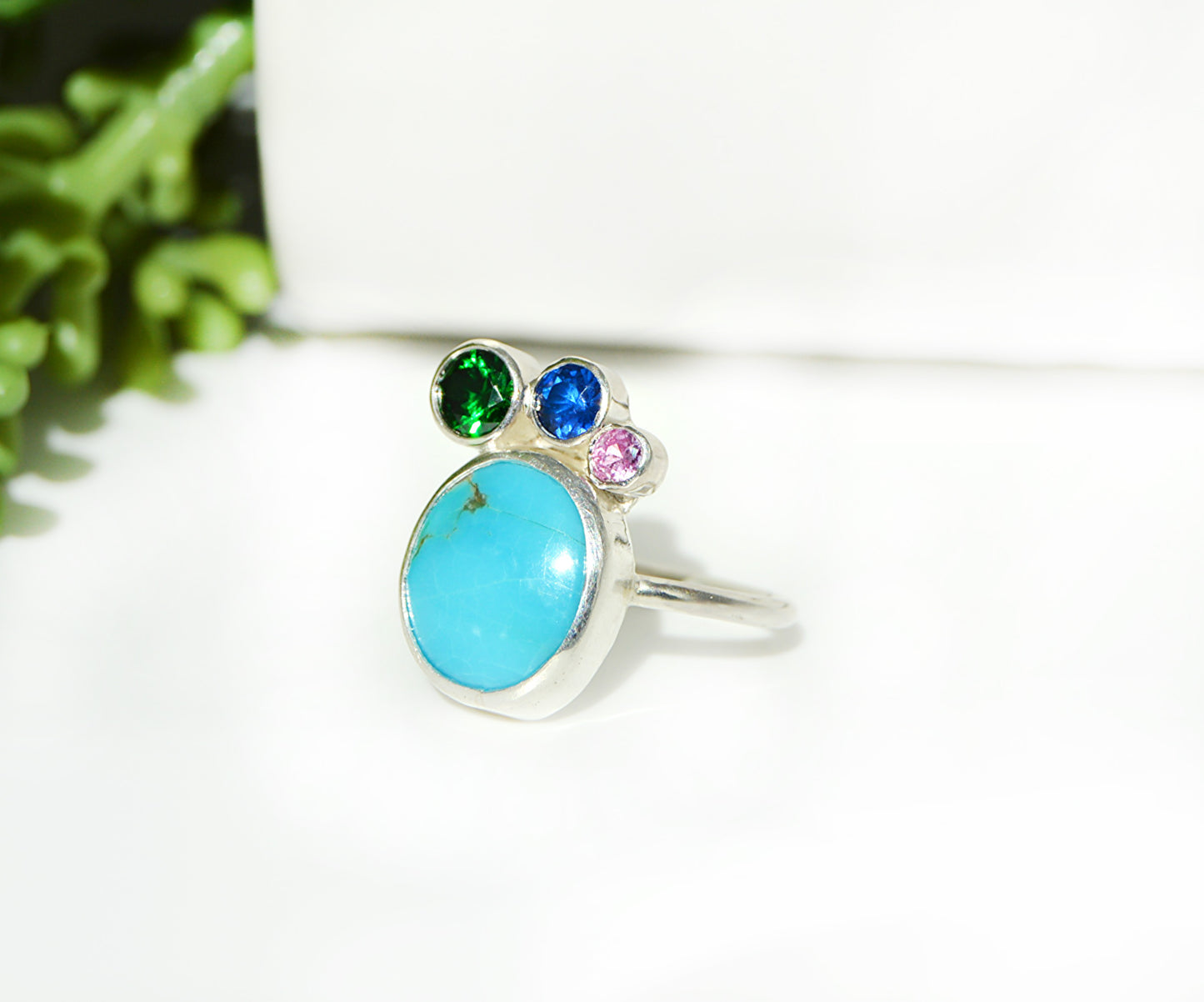 Turquoise Peacock Ring with Accent Stones Size 6