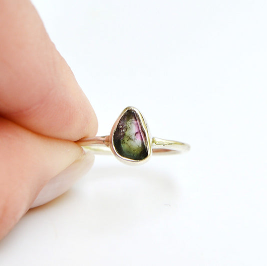 JeniMarie Jewelry features a pear shaped watermelon tourmaline ring set in .925 sterling silver. 