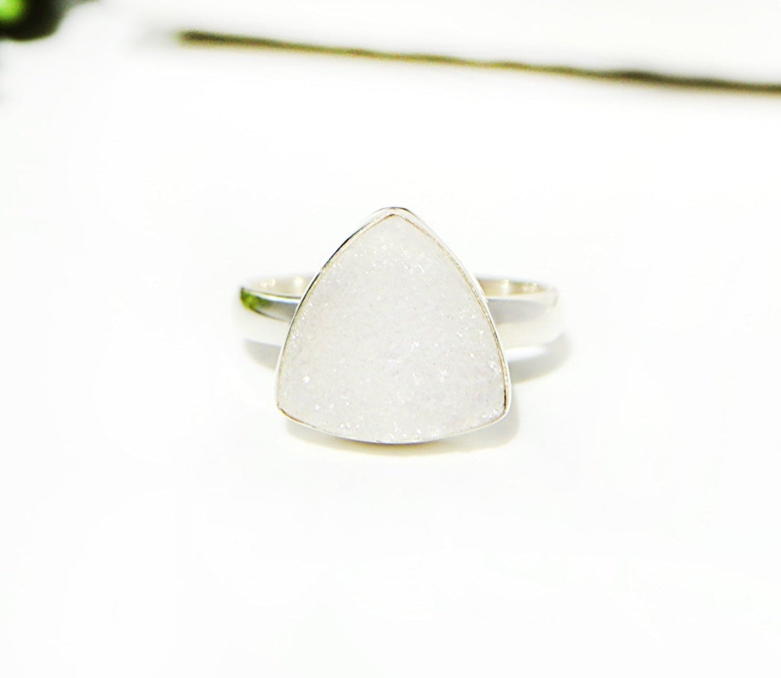 Triangular white duzy stone ring with sterling silver band by JeniMarie size 7